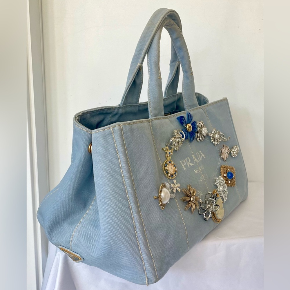 Prada Light Blue Denim Tote, Custom Embellished with 14 Vintage Brooches,16x9x10 - Picture 4 of 16